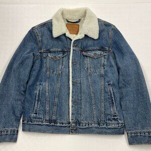 LEVI'S Premium Big E Denim Sherpa Lined Snap Button Front Trucker Jacket Women S